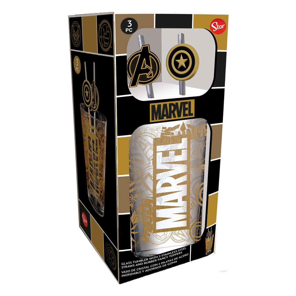 Marvel Glas Tumbler mit Trinkhalmen Logo & Avengers 485 ml